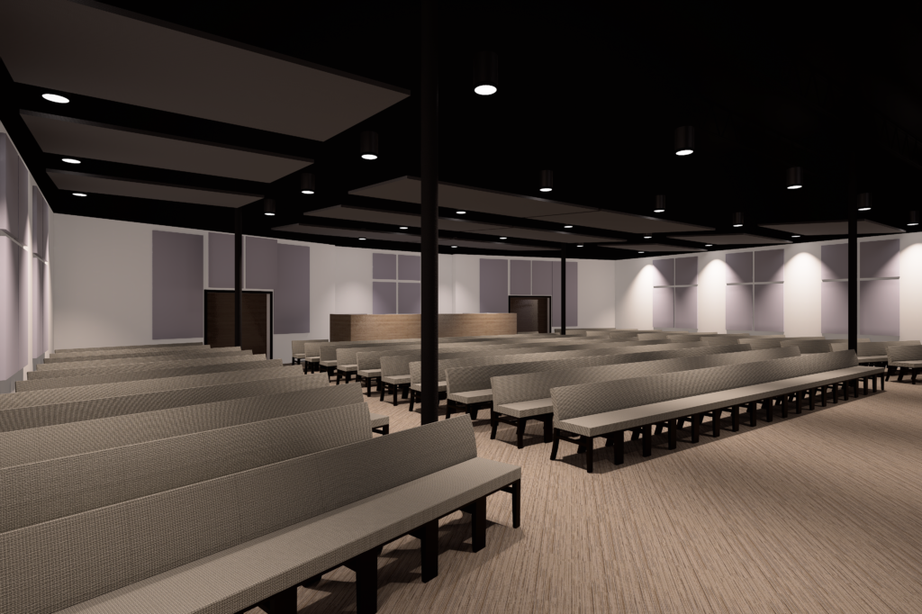 Modern sanctuary interior at Harvest Community Church Lafayette with seating, sound booth, acoustical cross wall, and cove lighting designed by Lafayette architect Adam Beazley