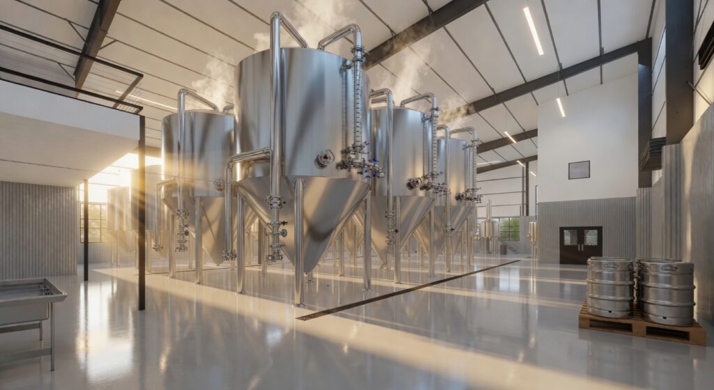 Large stainless steel fermentation tanks in a bright industrial brewery facility with steam rising and metal piping visible.