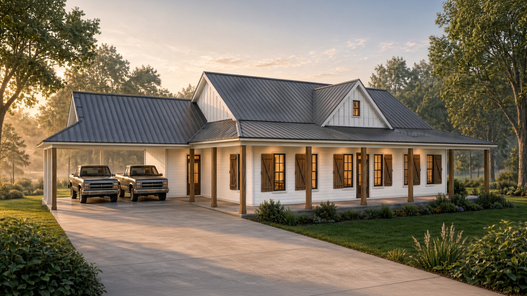 White farmhouse with a gray metal roof, wraparound porch, and two pickup trucks parked under a carport at sunset.