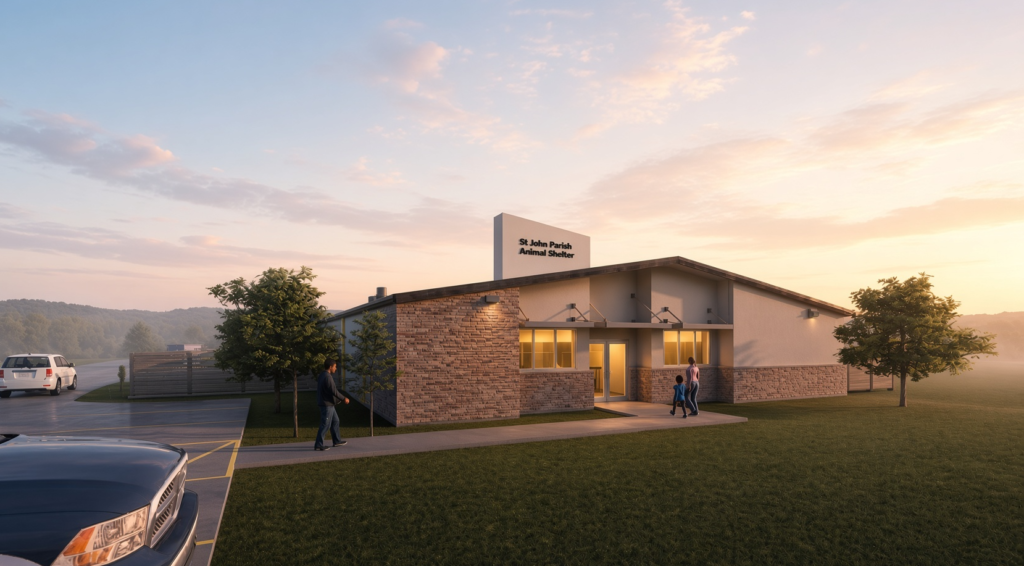 Animal shelter building at sunset with a few people walking toward the entrance and cars in the parking lot.